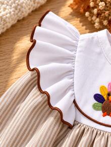 Sweet Vintage Baby Girl Long Sleeve Dress, Turkey Embroidery Ruffle Design Thanksgiving Outfit Dress - Apricot - View 7