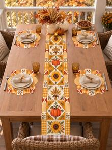 1 Set Autumn Harvest Pumpkin Sunflower Wheat Table Runner & Placemat Set, Orange Plaid Patchwork Farmhouse Dining Table Decor, Rustic Fall Thanksgiving Kitchen Decoration, Harvest Party Home Dining Room Seasonal Tabletop Decor - Multicolor - View 13