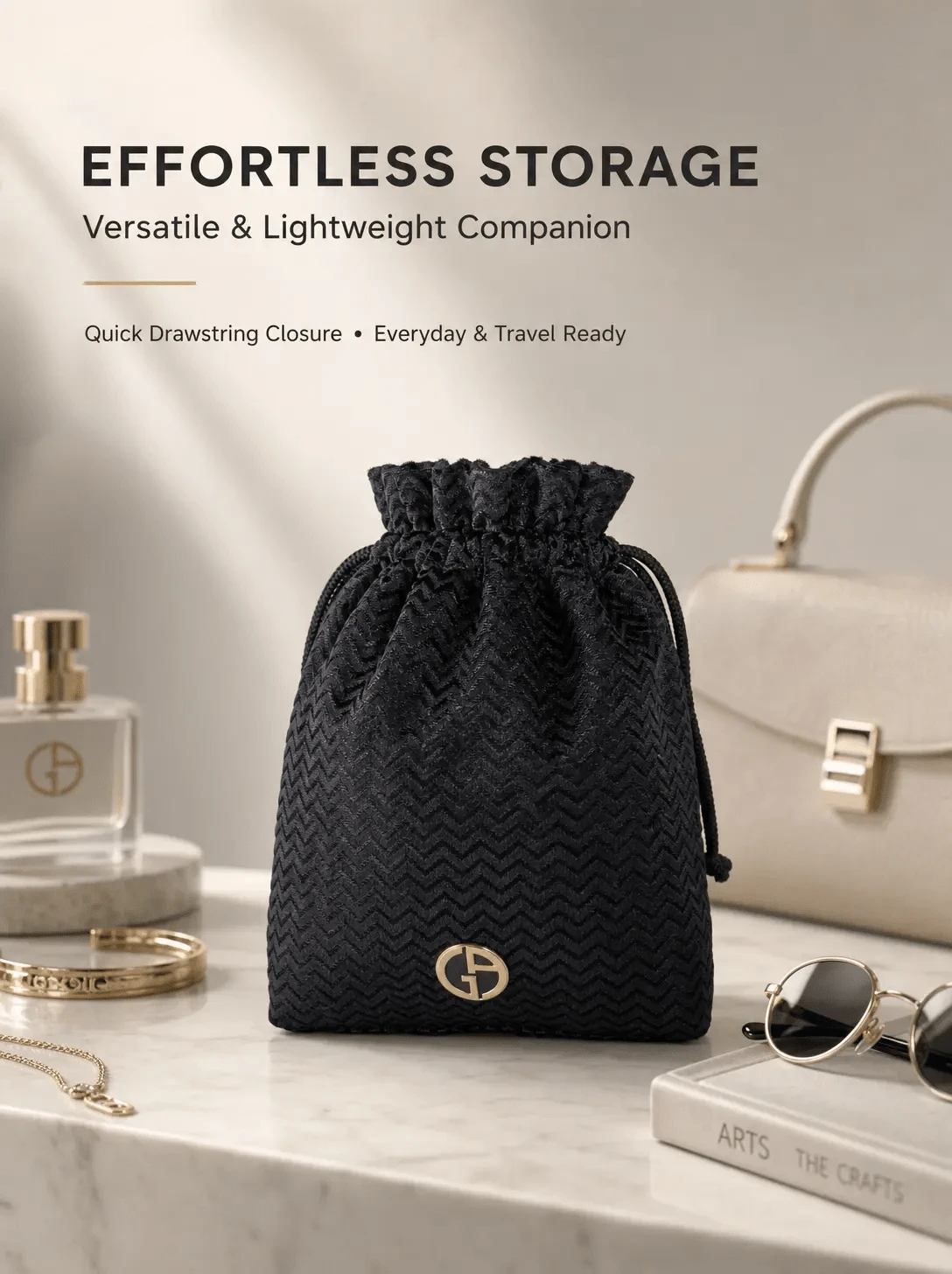 Armani Luxury Black Herringbone Drawstring Pouch, Portable Soft Textured Cosmetic Storage Bag, Makeup And Jewelry Organizer - Black Herringbone Drawstring Bag - View 1