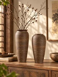 1pc Chinese Zen Style Ceramic Vase Flower Pot Vintage Handmade Coarse Clay Pot Living Room Home Decor Flower Arrangement - Vase - View 1