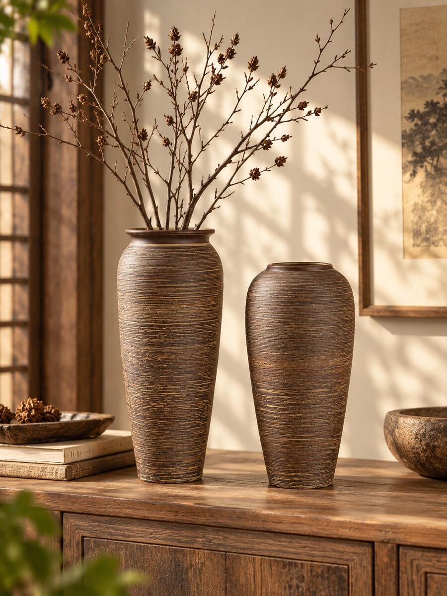 1pc Chinese Zen Style Ceramic Vase Flower Pot Vintage Handmade Coarse Clay Pot Living Room Home Decor Flower Arrangement - Vase - View 1