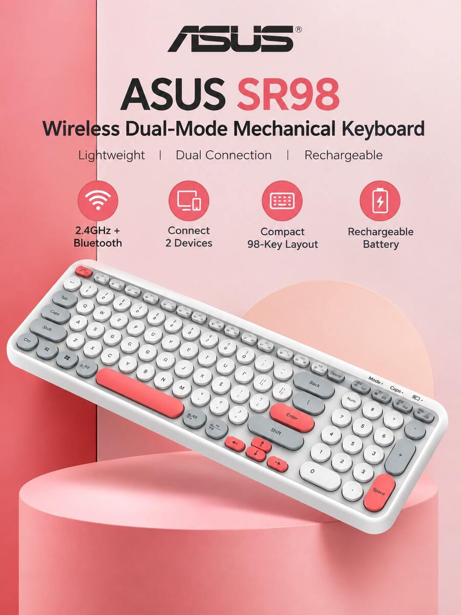 ASUS Keyboard Bluetooth nirkabel SR98 ramping, memiliki dua mode, dapat diisi ulang, dilengkapi dengan tombol bulat universal, dan desain 98 tombol, cocok untuk ponsel, tablet, komputer desktop, dan laptop. - View 1