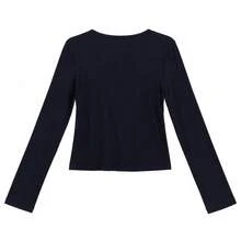 Navy Blue Ditsy Floral Faux Two Pieces Long Sleeve T-Shirt, Slim Fit Base Layer, Designer Style Beautiful Top, Autumn Clothing - Navy Blue - View 2