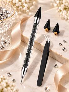 Black Rhinestone Picking Wax Pencil For Nail Art Creation - Dual-Tip Diamond Painting Dotting Tool With 2 Spare Wax Tips And Curved Tweezers, Designed For Flat Back Gemstone Inlay, 5D Diamond Painting And DIY Crafts - C - View 1