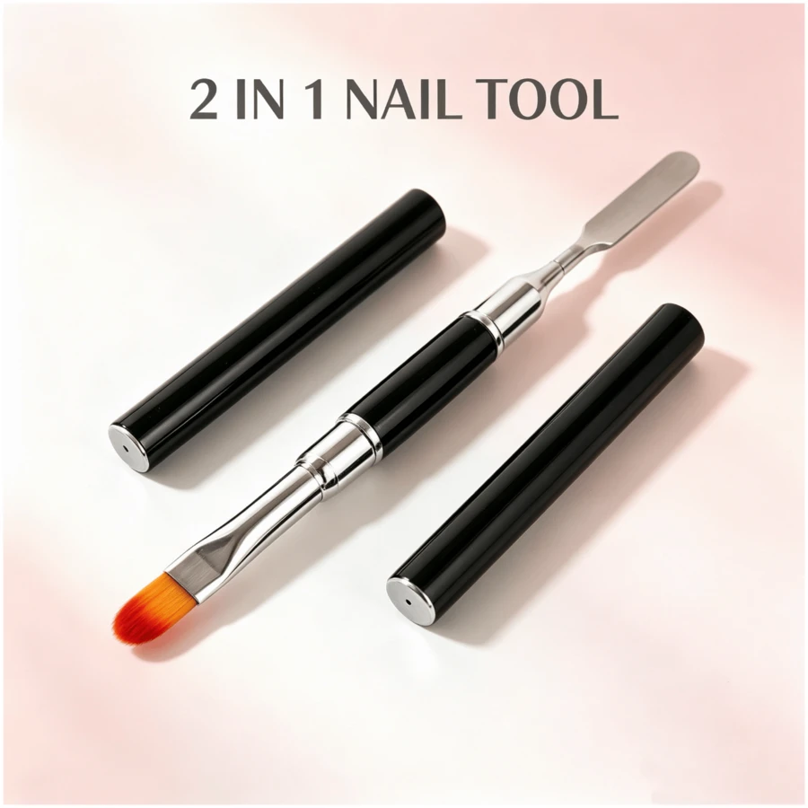Dual‑Ended Nail Art Brush, Professional Salon Nail Gel Brush With Spatula, Portable Nail Painting & Mixing Tool With Protective Cap For Manicure Nail Art Design - Black - View 1