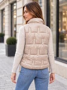 Women's Stand Collar Lightweight Padded Vest, Geometric Quilted Zip-Up Sleeveless Jacket With Pockets And Drawstring Hem - Gold - View 5