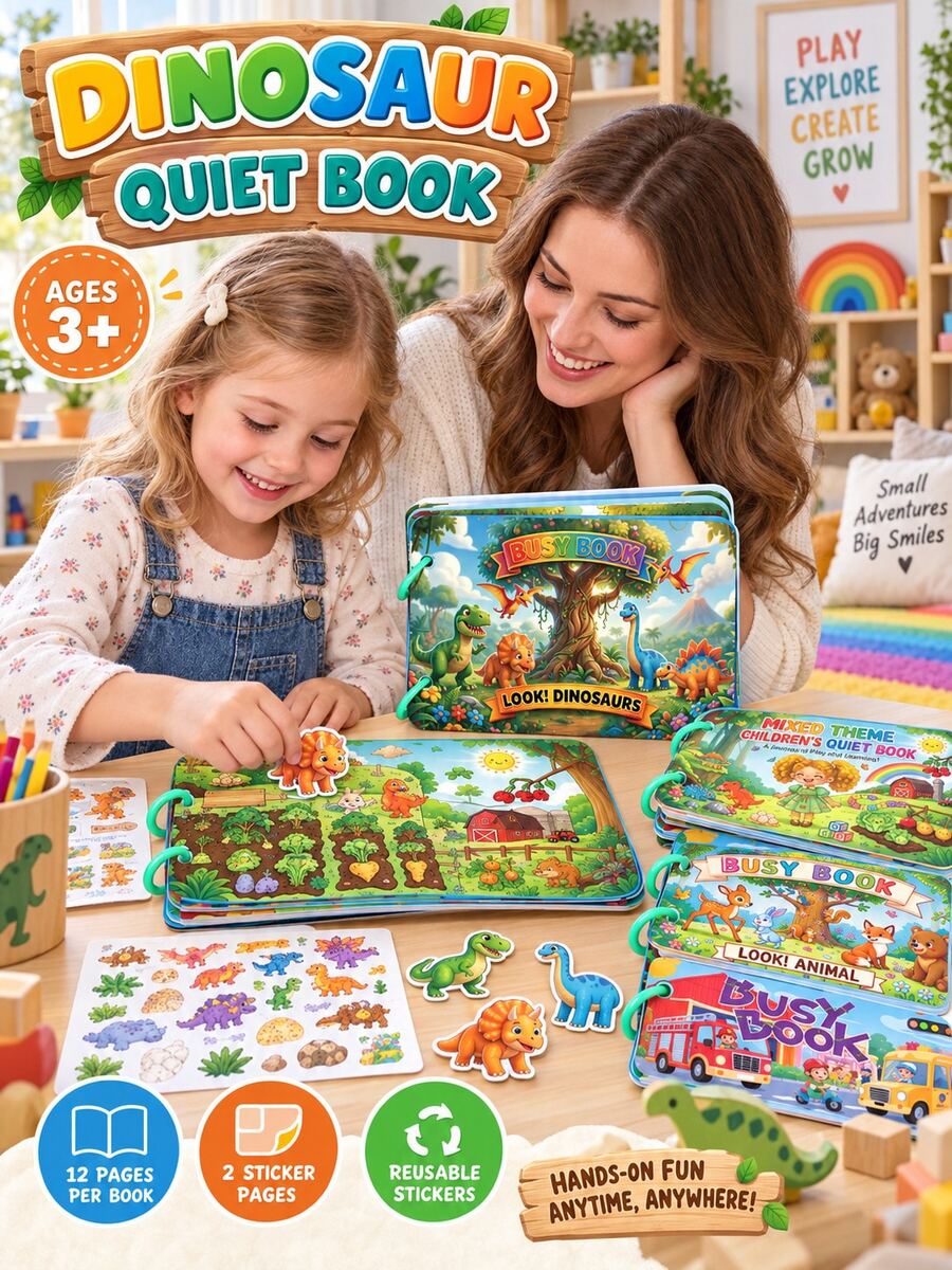 Children's Quiet Book Busy Book, Reusable Sticker Activity Book For Kids 3+, 2 Rings Per Book, 9 Pages Total (7 Theme Base Pages + 2 Sticker Pages), Random Theme Pages, Back Of Stickers With Hook And Loop For Repeated Attachment And Detachment; Dinosaur, Animal, Transportation, Farm, Space And More Themes Available - Multicolor - View 1