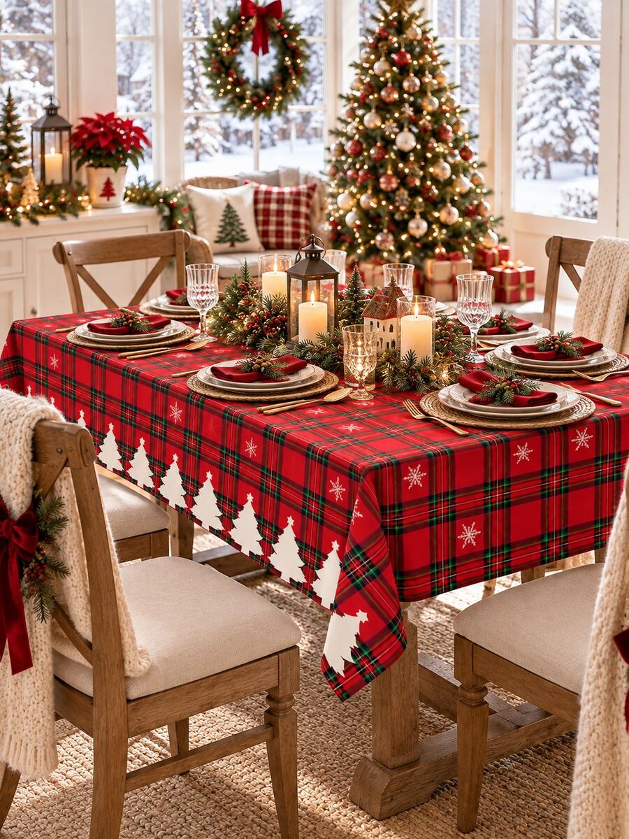 1 buah Taplak Meja Pohon Natal Kotak-kotak Merah, Taplak Meja Bulat/Persegi Gaya Rumah Pertanian Tradisional dari Poliester, Motif Pinggiran Kepingan Salju dan Pohon, Lembut dan Dapat Dicuci, Dekorasi Meja Makan Rumah Musim Dingin untuk Pesta Makan Malam Natal - MultiWarna - View 1
