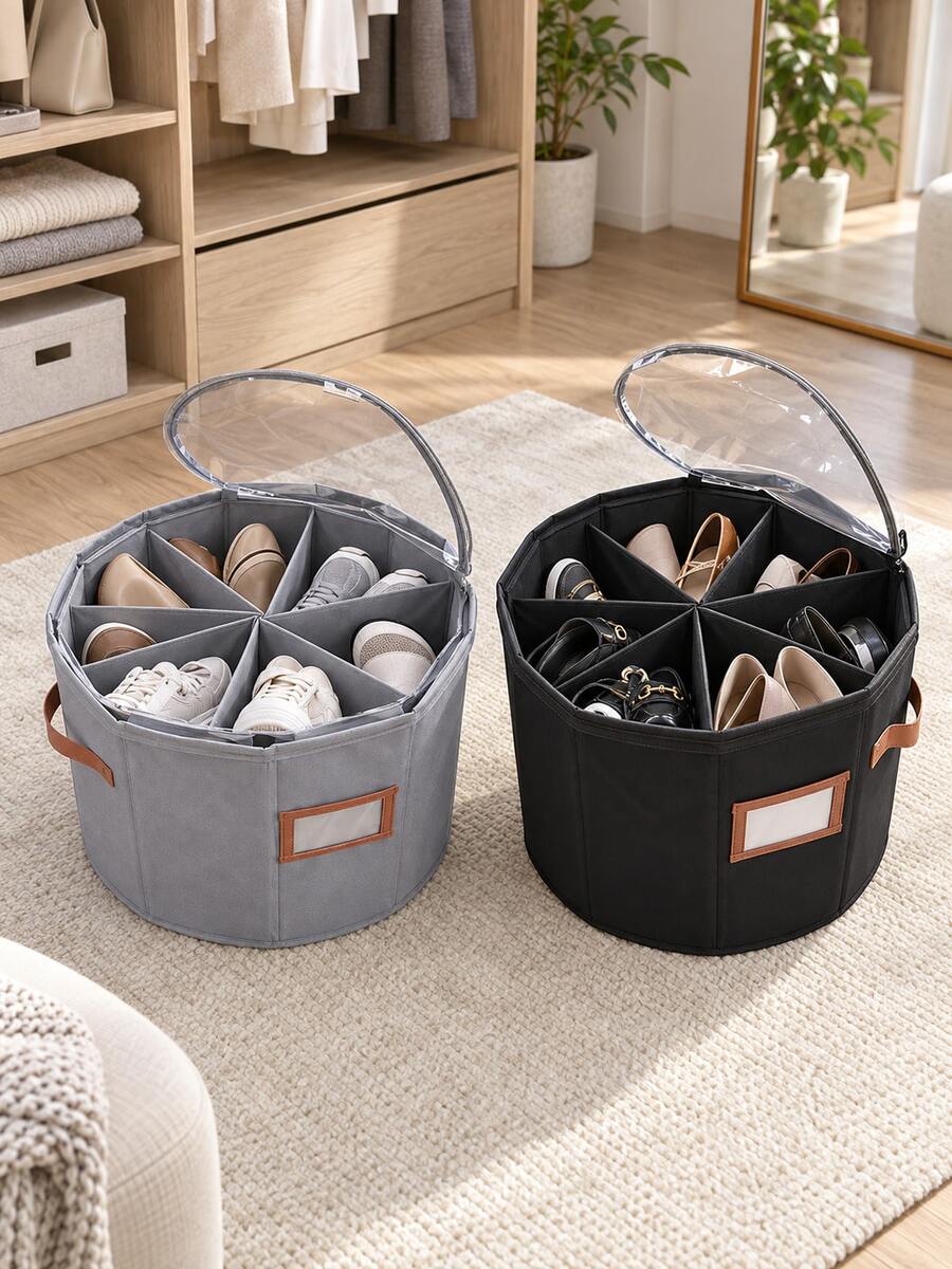 Round Compartment Shoe Box With Zipper Lid, Foldable Fabric Shoe Rack Divider, Handle Design, Portable Space-Saving Storage Box, Suitable For Closet, Bedroom, Entryway Space, Dust-Proof Shoe Storage Box, Sturdy Handle Easy To Carry
