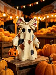 1pc Vintage Patchwork Ghost Resin Ornaments Cute Ghost Figures With Floral Bow And Top Hat Pumpkin Bucket Halloween Rustic Home Table Decor - Patch Ghost - View 6