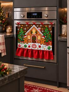 Christmas Gingerbread House Oven Door Curtain, Scalloped Edge Gingerbread Man & Christmas Tree Print Oven Handle Cover With Red Ribbon Tie, Kitchen Holiday Decor - Christmas Gingerbread House - View 7