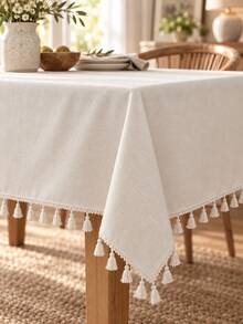 Bubaba 1pc Ivory-White Tablecloth, Rustic Farmhouse Solid Color Linen Tablecloth With Cream Tassels, Suitable For Dining Room, Kitchen, Tabletop, Party, Holiday, Hotel, Cafe, Bedroom, All Season - White - View 12