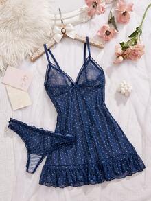 2pcs Polka Dot Sexy Women's Mesh Nightgown Set, Spaghetti Strap Dress Set (Includes Panties) - Navy Blue - View 2
