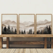 3 pcs/Set Poster Seni Dinding Modern, Cetakan Kanvas, Seni Triptych Pegunungan Hutan Abstrak, Cetakan Pemandangan Berkabut Minimalis, Alam Netral, Karya Seni Skandinavia, Berbingkai atau Tanpa Bingkai, Dekorasi Rumah, Dekorasi Ruangan, - A - View 2
