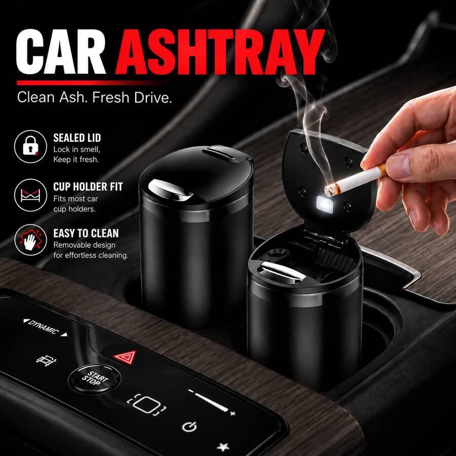 Set Asbak Mobil Otomatis dengan Lampu LED, Sikat Pembersih yang Dapat Dilepas, Desain Ringkas, Pemasangan Mudah, Tanpa Baterai, Asbak Portabel untuk Mobil, Rumah & Kantor, Hadiah Praktis Halloween untuk Pengemudi & Pemilik Mobil - Tujuan umum - View 1