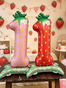 1pc Standing Pink Strawberry Cartoon Number 1 Foil Balloon, Suitable For Birthday Party Decoration - View 1