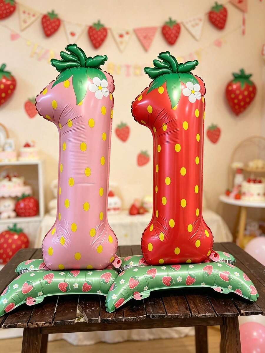 1pc Standing Pink Strawberry Cartoon Number 1 Foil Balloon, Suitable For Birthday Party Decoration - View 1