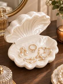 1pc Pearl Shell Jewelry Box, Luxury Ins Style Vanity Ring Necklace Jewelry Storage Tray, Cream Pearl Shell Jewelry Box, Soft Portable Jewelry Storage Box Desktop Decor, Extremely Soft, Jewelry Storage Box, Jewelry Rack - Multicolor - View 1