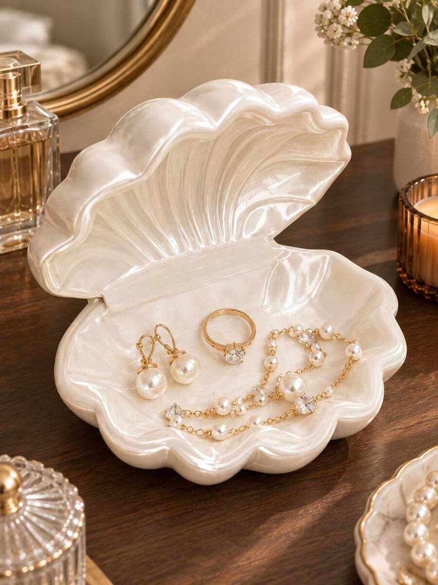1pc Pearl Shell Jewelry Box, Luxury Ins Style Vanity Ring Necklace Jewelry Storage Tray, Cream Pearl Shell Jewelry Box, Soft Portable Jewelry Storage Box Desktop Decor, Extremely Soft, Jewelry Storage Box, Jewelry Rack - Multicolor - View 1