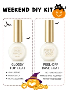 PERFECT COLOR 2pcs Weekend DIY Nail Kit, Peel Off Base Coat And Glossy Top Coat For Easy Home Manicure For Women, UV/LED Lamp Required Suitable For Autumn And Halloween 8ml - Weekend DIY Kit - View 6