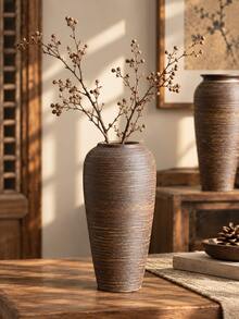 1pc Chinese Zen Style Ceramic Vase Flower Pot Vintage Handmade Coarse Clay Pot Living Room Home Decor Flower Arrangement - Vase - View 6