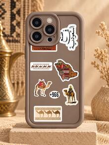 Saudi Arabia Sticker Collage Phone Case, Desert Camel Arabic Text Saudi Map +966 Area Code Mocha Brown Border Full Coverage Shockproof Soft Protective Cover Compatible With IPhone 18 17 16 15 14 13 12 11/Pro/ProMax/X/XR/XS/XSMAX/7/8/PLUS Compatible With Samsung/Honor - Khaki - View 3