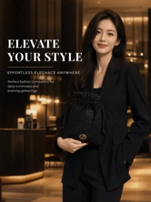 Armani Luxury Black Herringbone Drawstring Pouch, Portable Soft Textured Cosmetic Storage Bag, Makeup And Jewelry Organizer - Black Herringbone Drawstring Bag - View 3