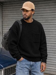 BLACKTOEXIT Men's Ribbed Crew Neck Pullover Sweater, Long Thick Knit, Loose Fit, Casual Lazy High Street Minimalist Autumn/Winter - Black - View 8