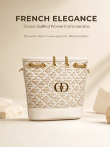 DIOR French Style Diamond Quilted Jacquard Woven Bucket Bag For Women, Luxury Gold Chain Drawstring Closure Bag, Crossbody & Shoulder Carry, Soft Creamy Apricot Color Large Capacity Portable Makeup Bag - Creamy Apricot Diamond Jacquard Woven Bucket Bag - View 7