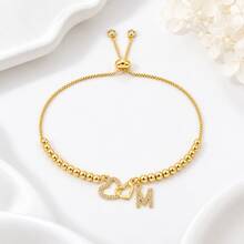1pc New Double Heart Initial Pendant Golden Adjustable Chain Bracelet For Women - Yellow Gold - View 3