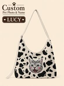 1Pc Custom Pet Dog Photo Print Cow Pattern Canvas Large Capacity Zipper Hobo Shoulder Bag For Daily Commute Shopping Party Or Gift - Multicolor - View 17