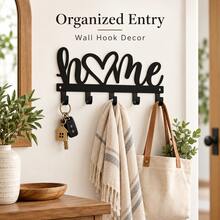 Black Metal HOME Wall Key Holder With 5 Hooks, Heart Letter Wall Decor, Entryway Key Organizer For Keys, Bags, Hallway & Bedroom, Rustic Farmhouse Wall Mounted Coat Hat Hanger, Space Saving Storage Rack, Ideal For Front Door, Apartment - Black - View 1