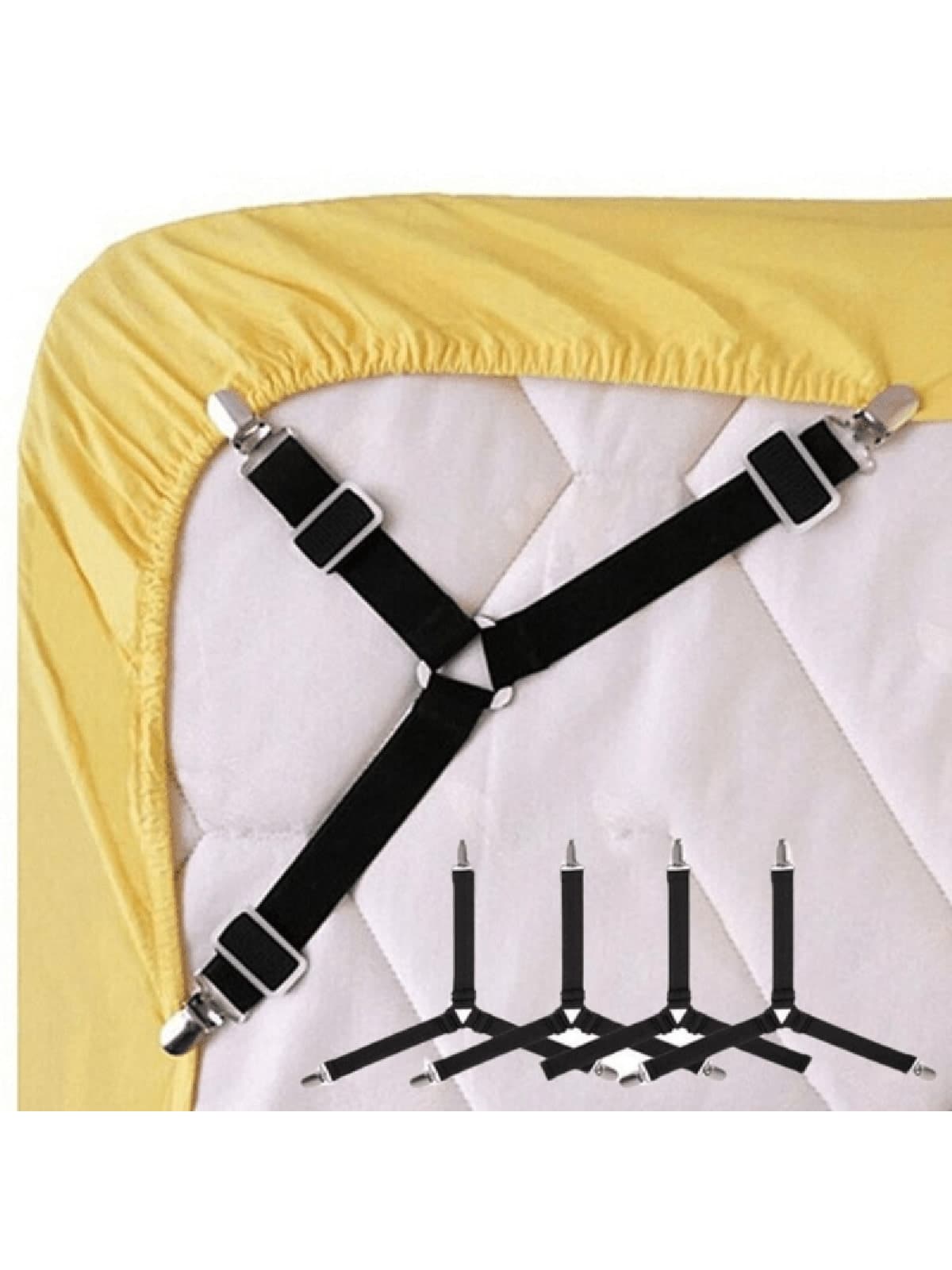 4pcs Adjustable Bed Sheet Fastener Set - Triangular Elastic Band With Clips, Suitable For Mattress/Sofa Covers | Heavy Duty Metal Clips Securely Fix Bedding (Non-Slip And Reusable) - Black - View 1
