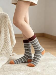 1/4 Pair All-Season Wearable Milk Coffee Striped Colorblock Versatile Comfortable Mid-Calf Socks - Multicolor - View 2