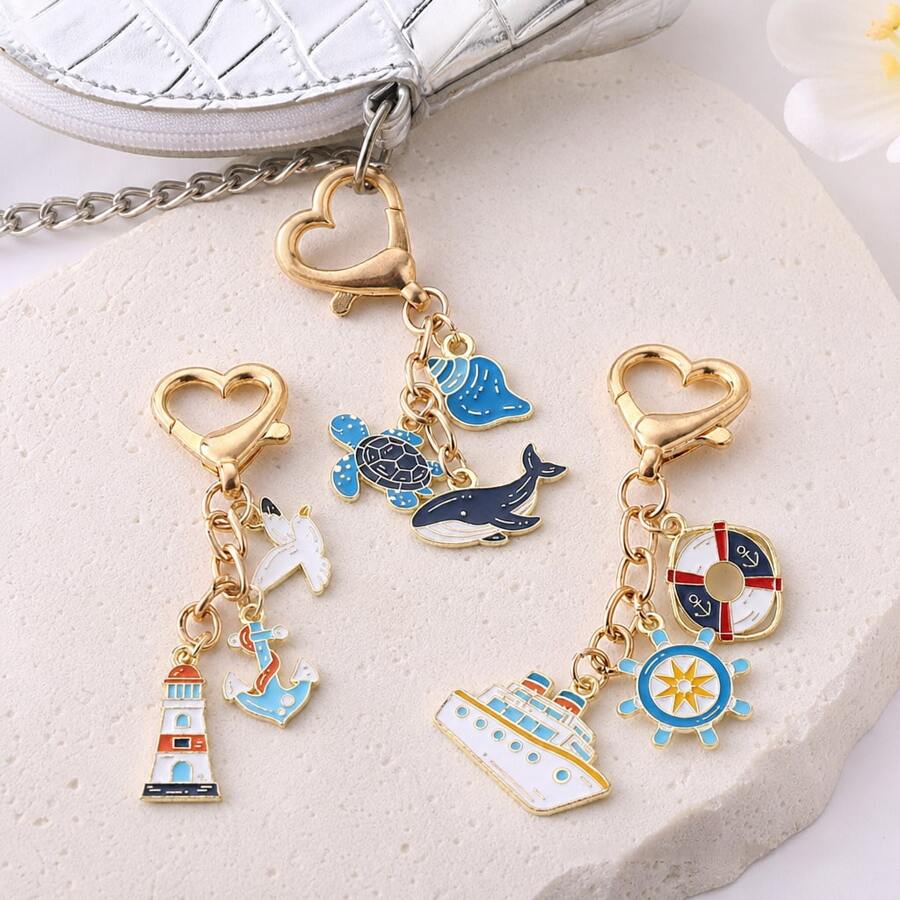 1pc Ocean Theme Enamel Keychain, Heart-Shaped Clasp With Ocean Animals, Sailboat And Lighthouse Bag Charm, Backpack Pendant, Holiday Gift For Girls And Women - Multicolor - View 1