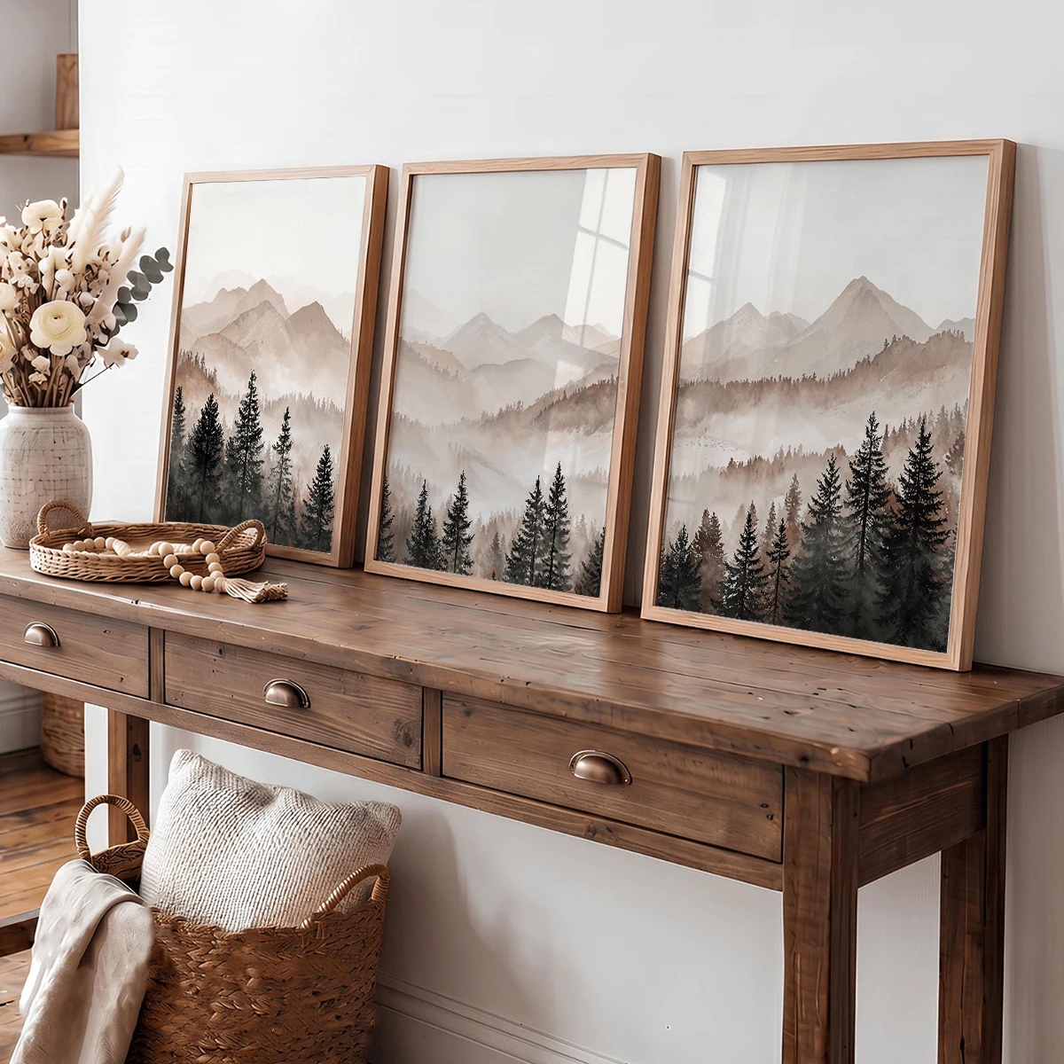 3 pcs/Set Poster Seni Dinding Modern, Cetakan Kanvas, Seni Triptych Pegunungan Hutan Abstrak, Cetakan Pemandangan Berkabut Minimalis, Alam Netral, Karya Seni Skandinavia, Berbingkai atau Tanpa Bingkai, Dekorasi Rumah, Dekorasi Ruangan, - A - View 1