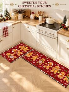 1/2pcs Christmas Kitchen Decor Rugs, Merry Christmas Gingerbread Man Design, Winter Kitchen Carpets And Mats, Non-Slip Washable Absorbent Kitchen Accessories Decorative Floor Mat, Christmas Holiday Gift! - Multicolor - View 8