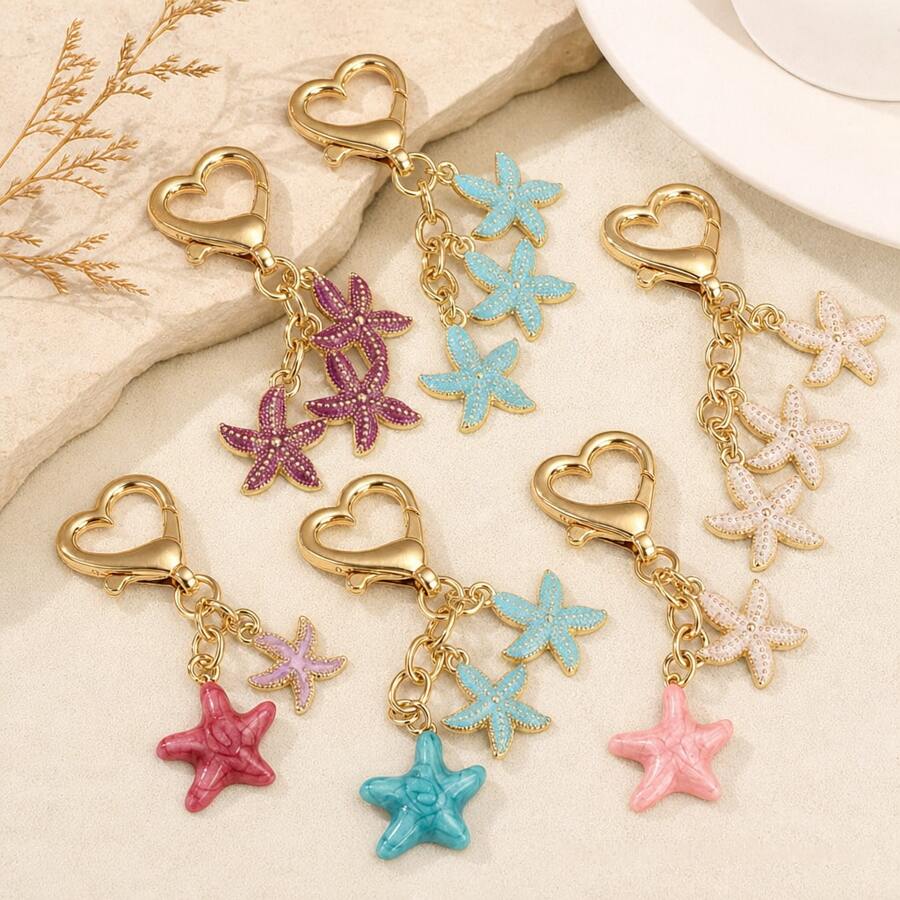 1Pc Starfish Keychain, Alloy Enamel Ocean Sea Star Bag Charm With Heart Clasp, Backpack Pendant, Summer Holiday Gift For Girls Women - Multicolor - View 1