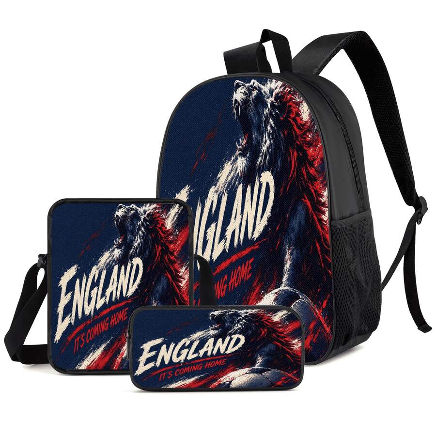 Lion Football 2D Print 3 Pieces Backpack Set, Large Capacity Backpack With Crossbody Bag And Pencil Case, Side Elastic Mesh Pocket For Water Bottle, Wide Breathable Adjustable Shoulder Straps, Passionate Fan Style Daily Commute Travel Casual Storage Bag - Printed Bag - View 1