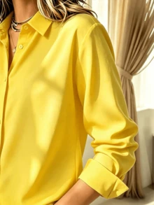 Blusa Casual De Moda Para Mujer Sólido Camisa - Amarillo - Ver 4