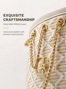 DIOR French Style Diamond Quilted Jacquard Woven Bucket Bag For Women, Luxury Gold Chain Drawstring Closure Bag, Crossbody & Shoulder Carry, Soft Creamy Apricot Color Large Capacity Portable Makeup Bag - Creamy Apricot Diamond Jacquard Woven Bucket Bag - View 8