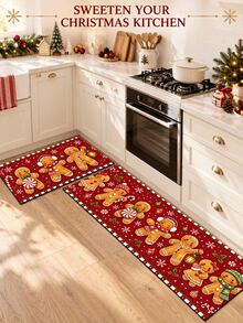 1/2pcs Christmas Kitchen Decor Rugs, Merry Christmas Gingerbread Man Design, Winter Kitchen Carpets And Mats, Non-Slip Washable Absorbent Kitchen Accessories Decorative Floor Mat, Christmas Holiday Gift! - Multicolor - View 4