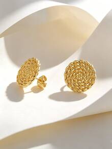 Boho Braided Round Stud Earrings For Ladies, 18K Gold Plated Copper, Textured Ear Jewelry For Casual Party & Vacation - Gold - View 1