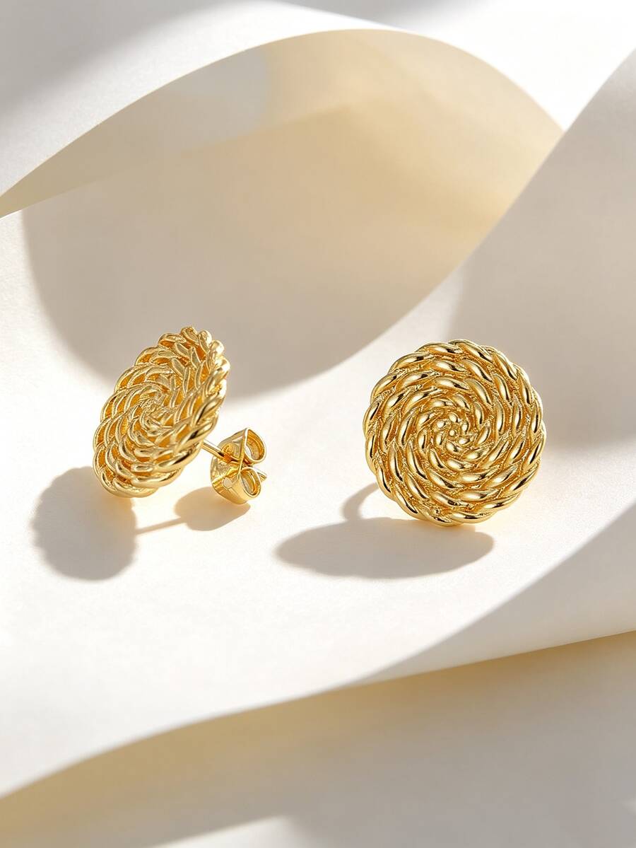 Boho Braided Round Stud Earrings For Ladies, 18K Gold Plated Copper, Textured Ear Jewelry For Casual Party & Vacation - Gold - View 1