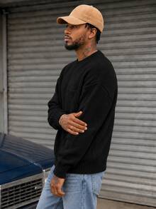 BLACKTOEXIT Men's Ribbed Crew Neck Pullover Sweater, Long Thick Knit, Loose Fit, Casual Lazy High Street Minimalist Autumn/Winter - Black - View 3