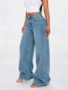 Low Waist Wide Leg Casual Blue Ripped Slanted Pocket Curved Women'S Jeans Fall - Blue - View 1