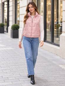 Women's Stand Collar Lightweight Padded Vest, Geometric Quilted Zip-Up Sleeveless Jacket With Pockets And Drawstring Hem - Pink - View 2