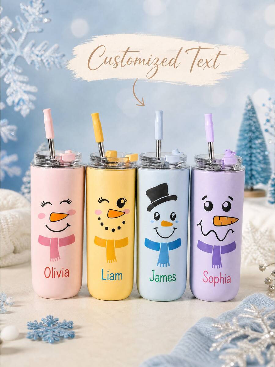 個性化雪人吸管隨行杯,客製化聖誕可愛雪人臉附蓋水杯,伴娘禮物、單身派對禮物、派對旅行露營杯、婚禮禮物 - 多色-雪人吸管杯 - 查看 1