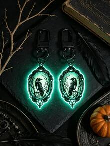 Halloween Gothic Glow-In-The-Dark Bat Keychain - Vintage Black Frame Oval Convex Design, Dark Aesthetic Glow-In-The-Dark Backpack Charm, Mysterious Atmosphere Party Accessory, Suitable For Gothic, Witchcraft And "Dark Academia" Party Looks - Multicolor - View 3