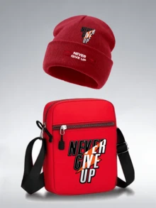 1pc/2pcs Inspirational Slogans Pattern Print Unisex Street Fashion Outdoor Sports Knit Beanie And Crossbody Bag, Gift For Yourself Or Friends - Multicolor - View 18